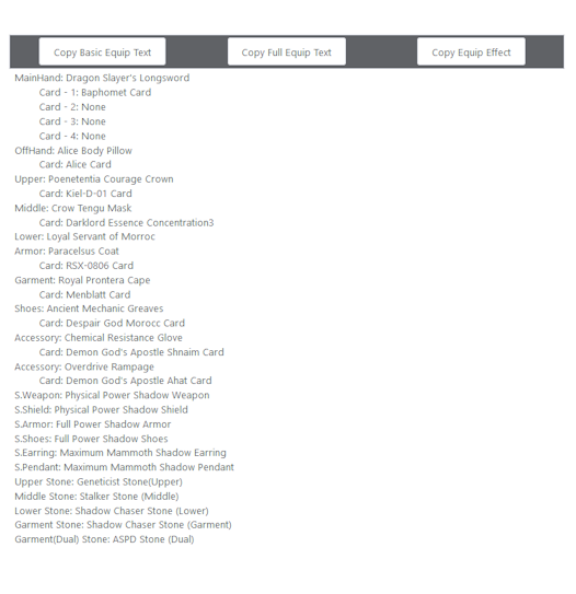 Equipment/Card/effect Summary